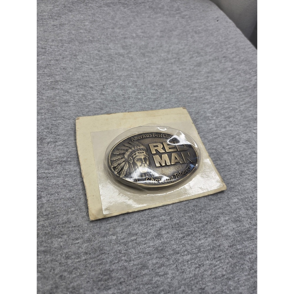 Vintage Red Man Chewing Tobacco Solid Brass Belt Buckle NWT Advertising Mens - Picture 3 of 5